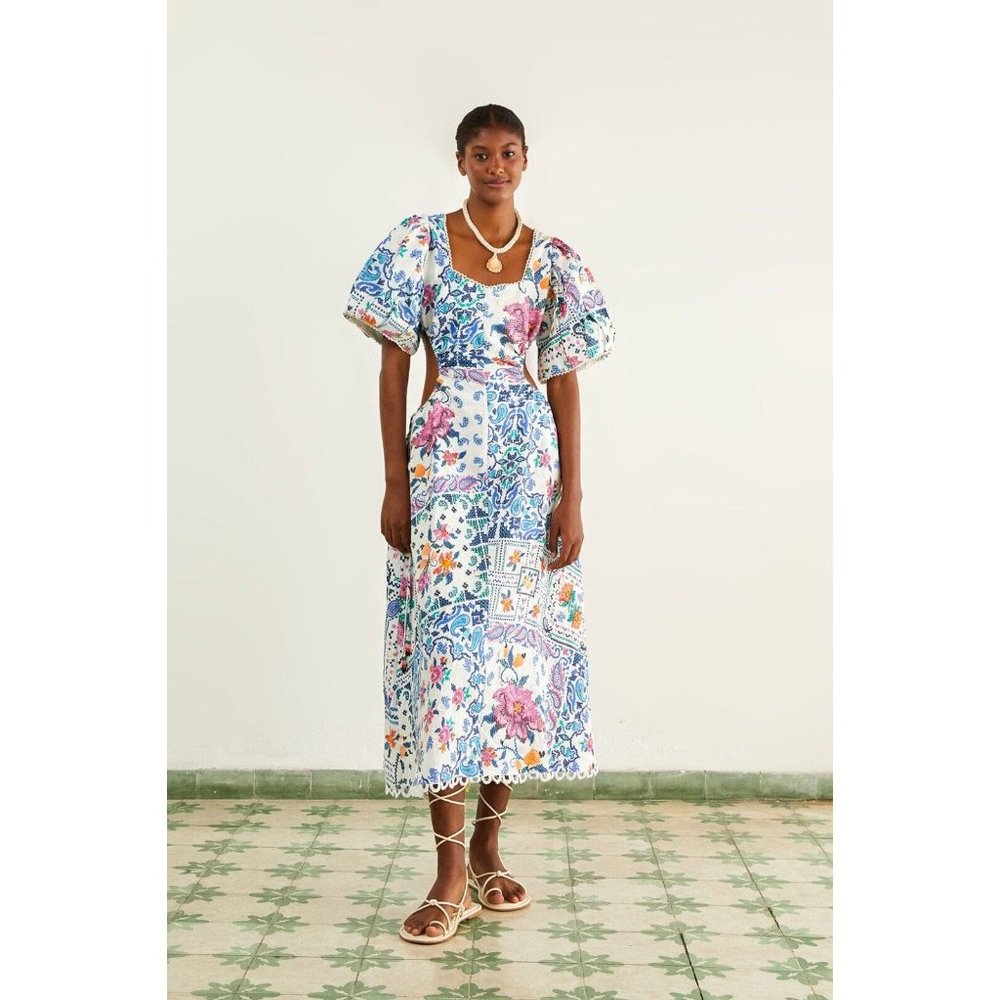 Farm Rio Anthropologie Off-White Romantic Bandanas Midi Dress Printed S